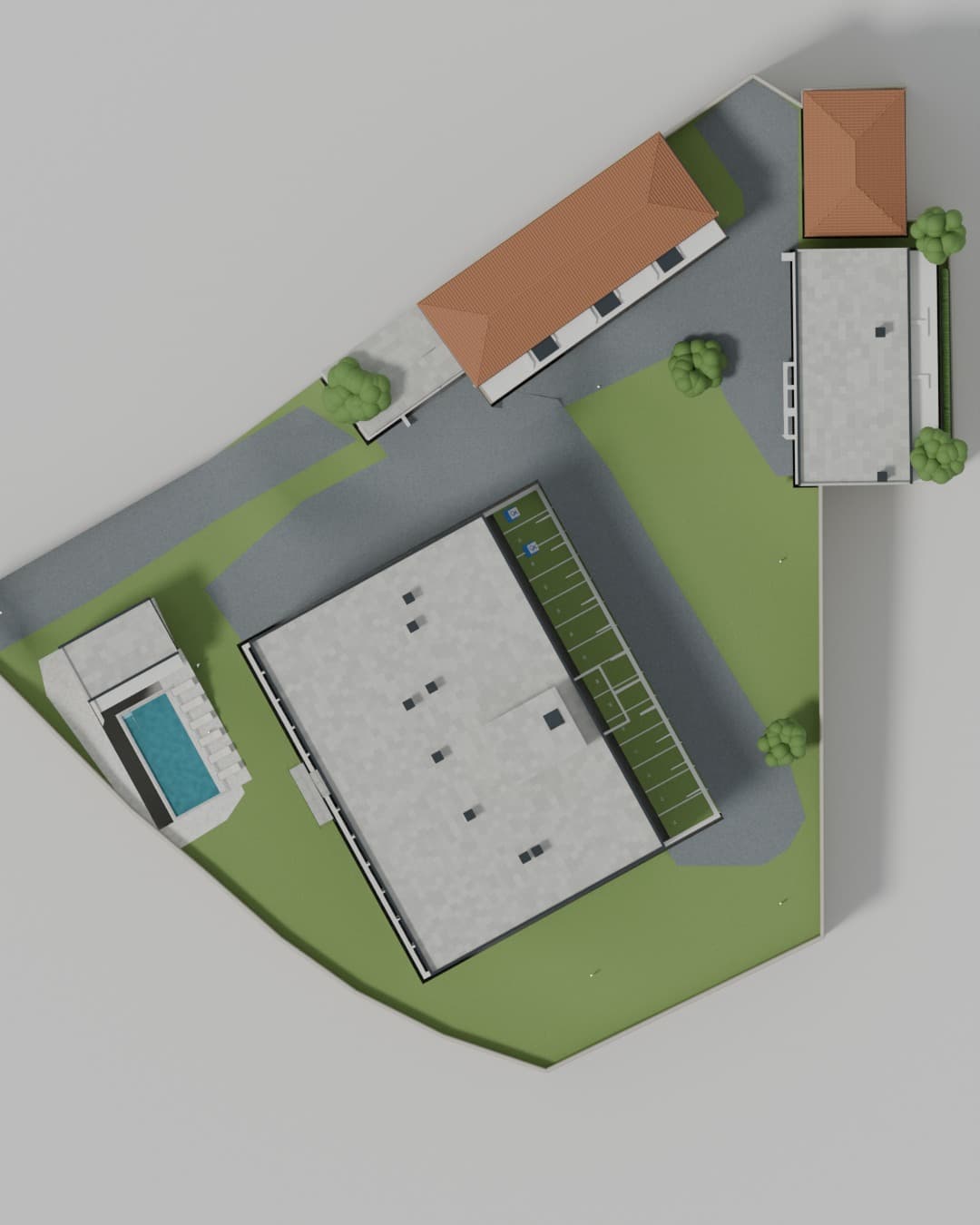 The plot seen straight down: the main block, the pool, the two tiled buildings, the parking spaces and the wall that closes the site.