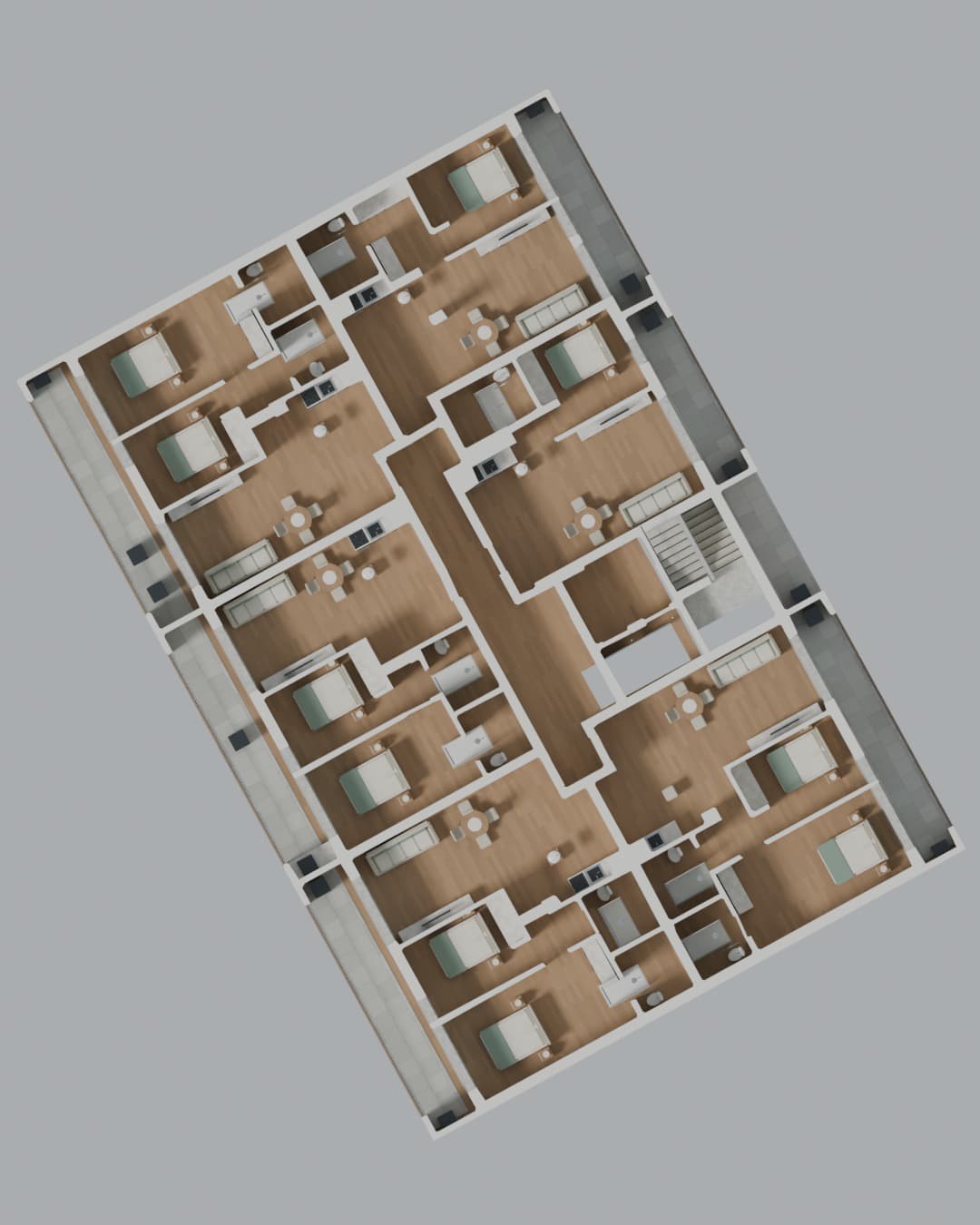 One floor seen from above with the roof removed, the units furnished and the central corridor linking them.