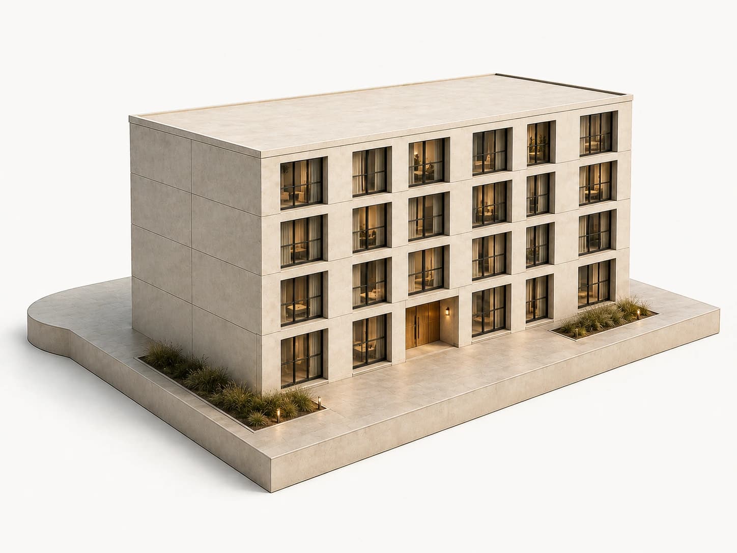 O edifício acabado ao anoitecer, com as frações iluminadas por dentro e a plantação junto à entrada.