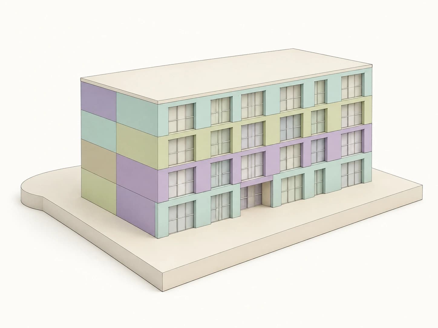 O mesmo edifício em volume, com cada fração pintada de uma cor para se lerem as tipologias piso a piso.