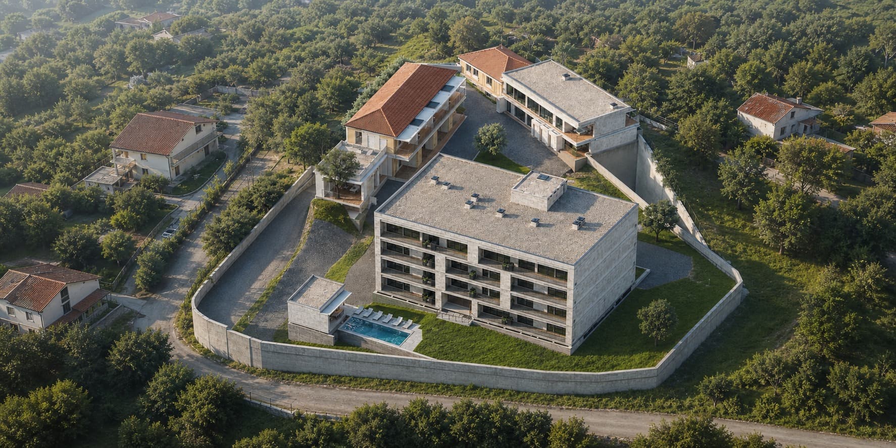 The scheme seen from above in the morning, with the neighbouring houses and the trees around the plot.