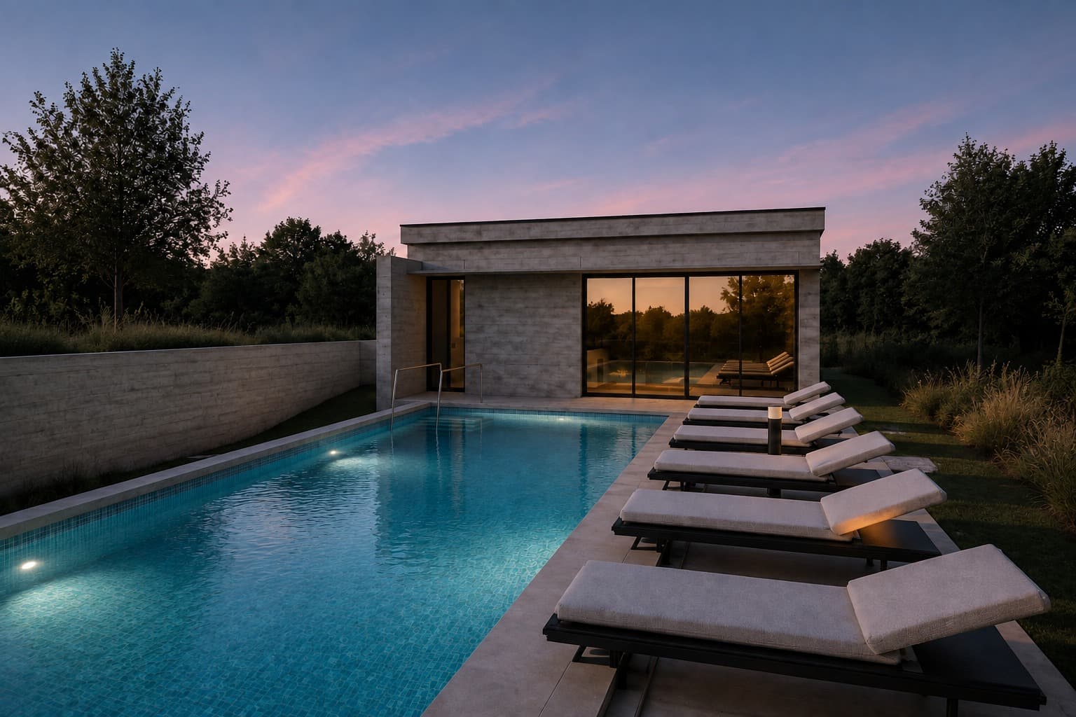 The pool at dusk, the pavilion lit behind it and the loungers lined up alongside.