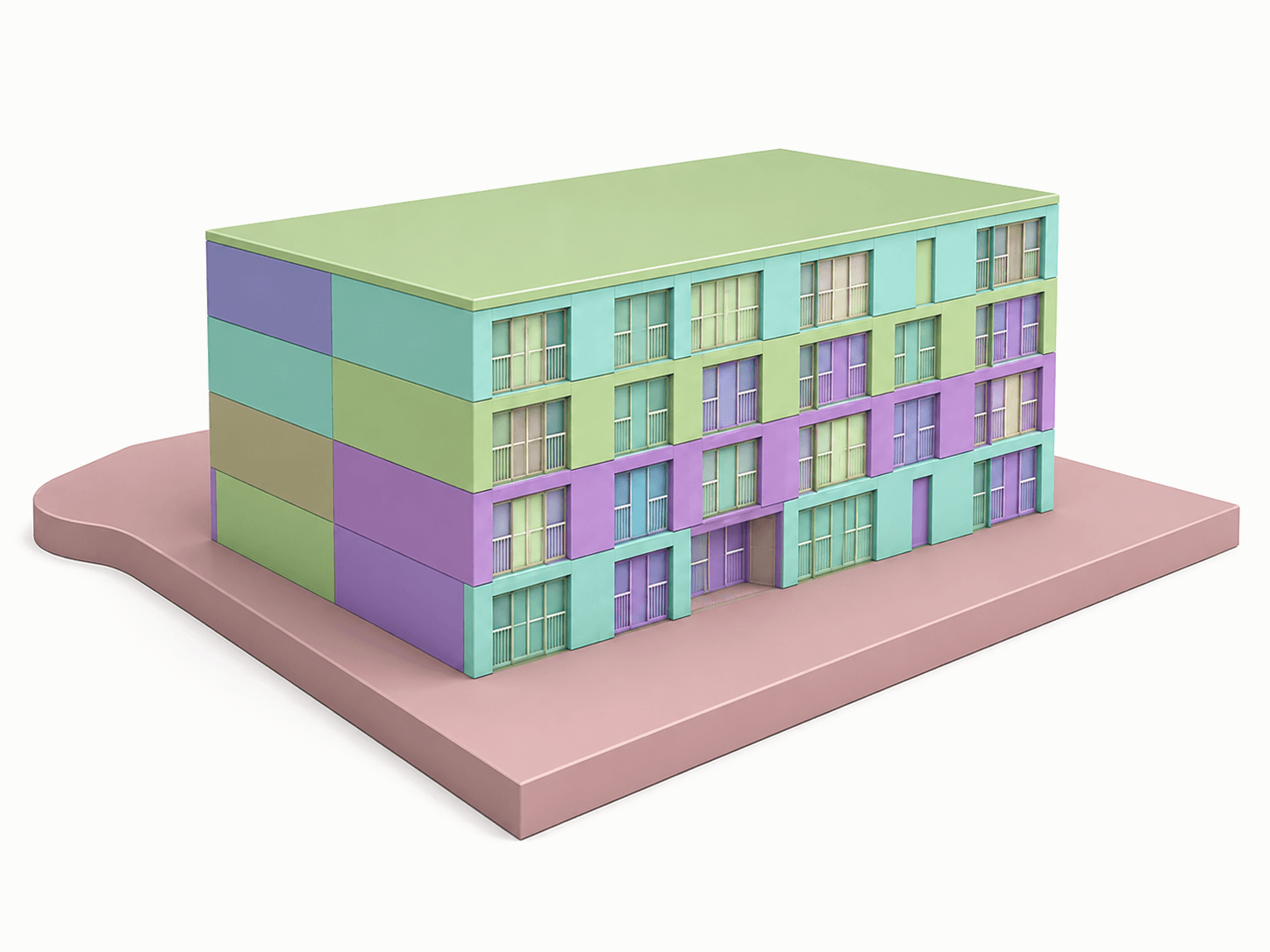 O edifício em modelo tridimensional sobre a plataforma do lote, com as paredes, as lajes e os caixilhos cada um na sua cor.